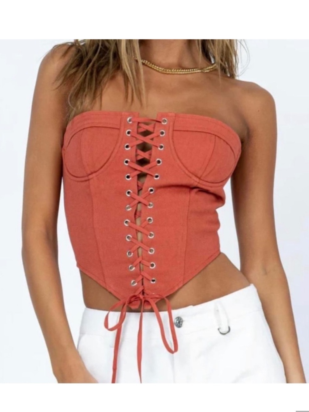 Lioness Rust orange Lace-Up Strapless Corset top